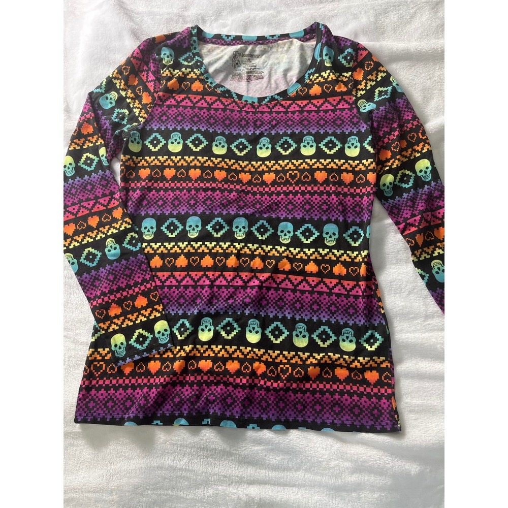 No Boundaries Rainbow Skull Pixel Print Long Sleeve‎ Top Girls size Large 11-13